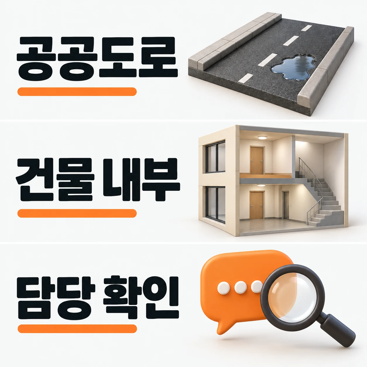 공용도로와 건물 내부 시설, 담당 문의를 구분하는 설명용 예시 이미지
