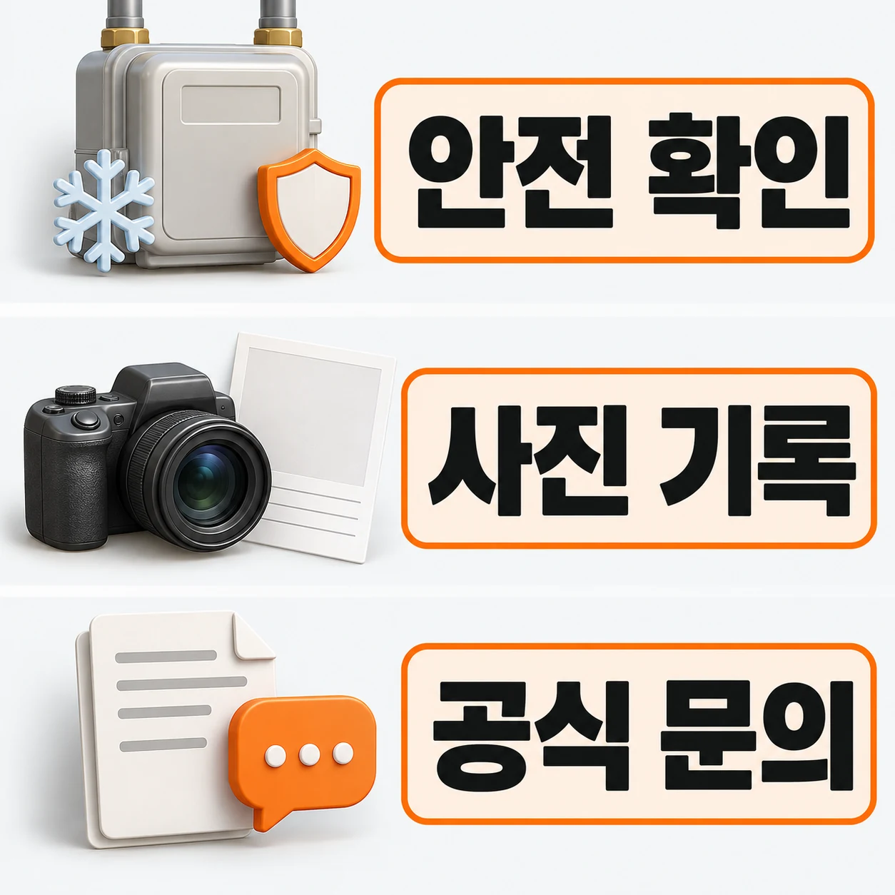 동파 의심 시 안전 확인과 사진 기록, 공식 문의 순서를 보여 주는 안내 도해