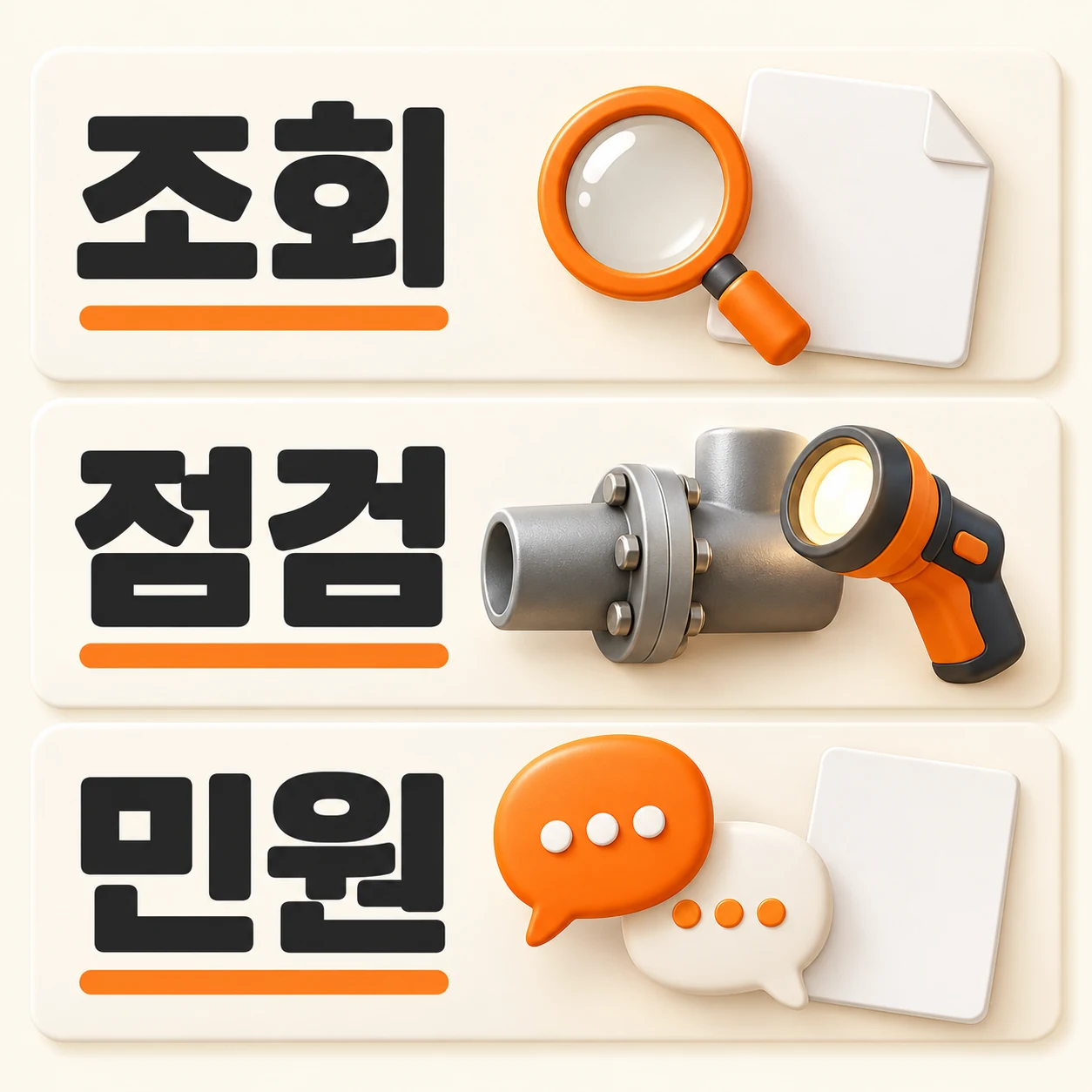 문의 목적 세 가지: 조회, 점검, 민원. 돋보기와 설비 모형, 대화 말풍선으로 나눈 도해
