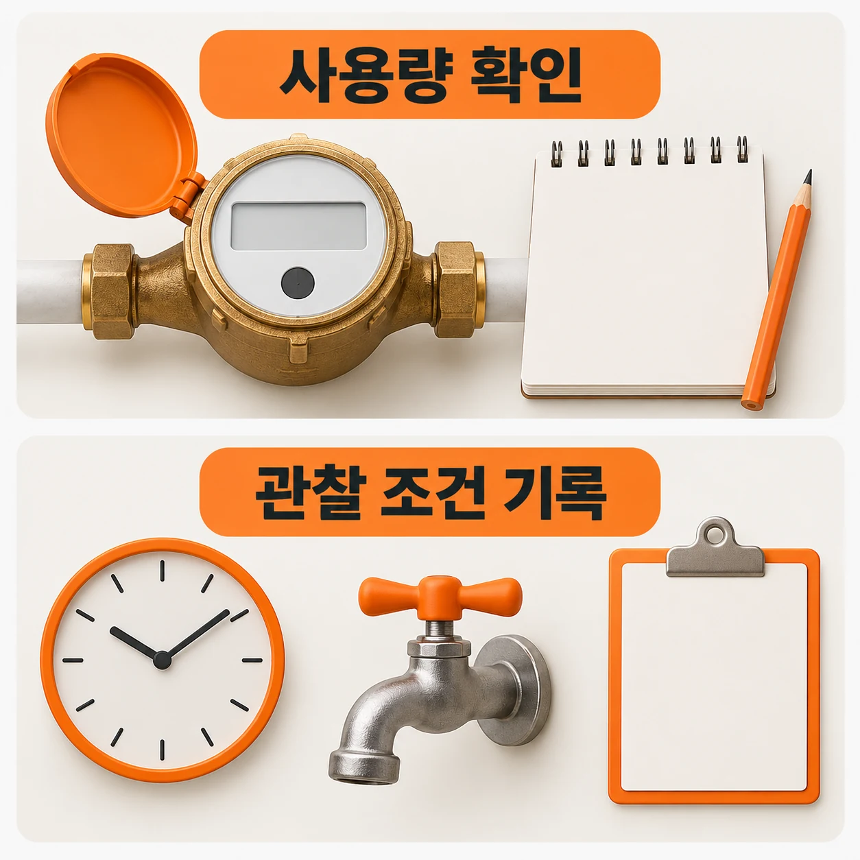 사용량 확인과 관찰 조건 기록. 계량기, 기록장, 시계와 수도꼭지를 나눈 안내 도해