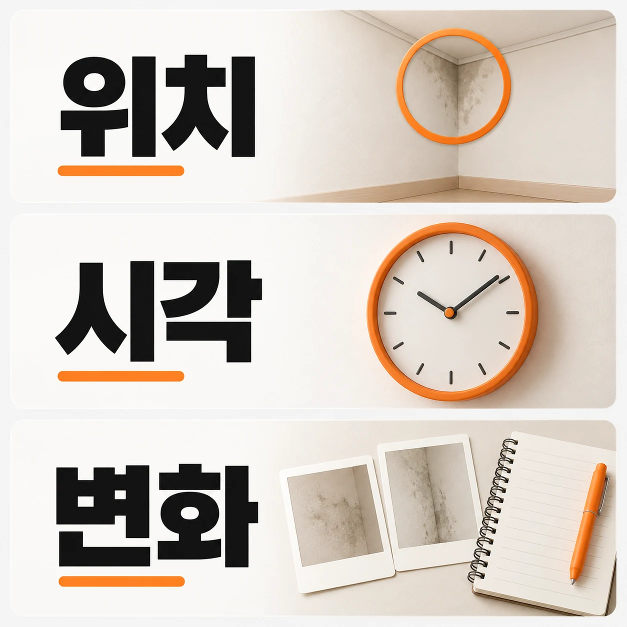 관찰 기록의 세 요소: 위치, 시각, 변화. 물 자국 위치와 시계, 비교 사진을 보여 주는 도해