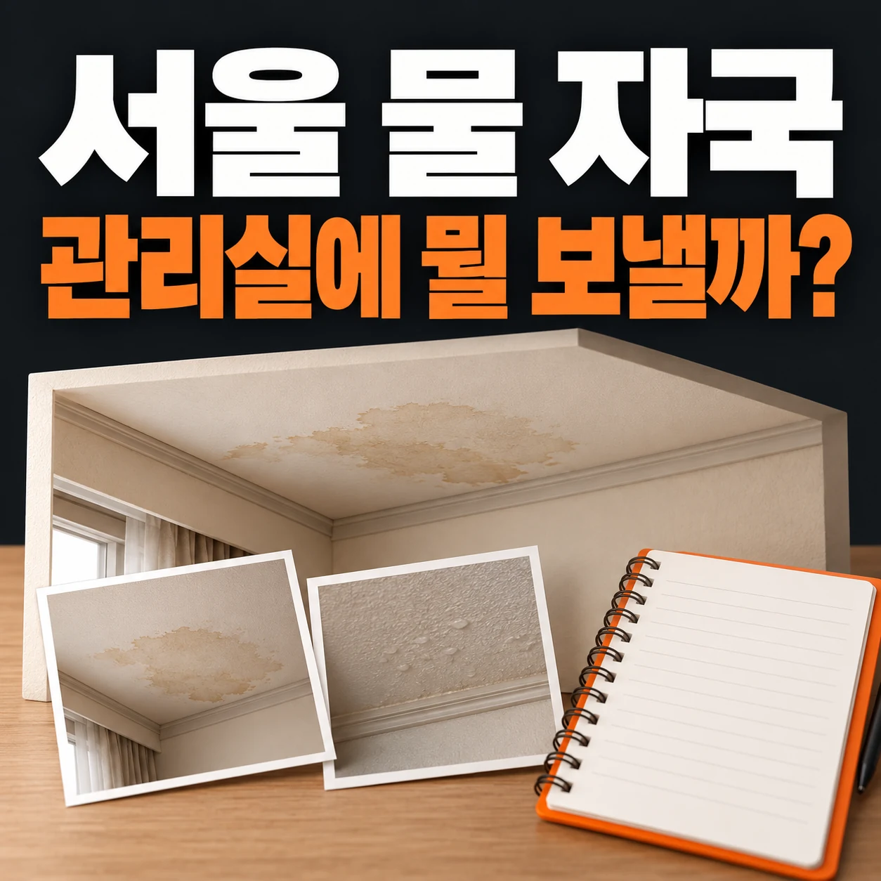 서울 물 자국, 관리실에 뭘 보낼까? 천장 흔적 사진과 기록장을 보여 주는 안내 그림