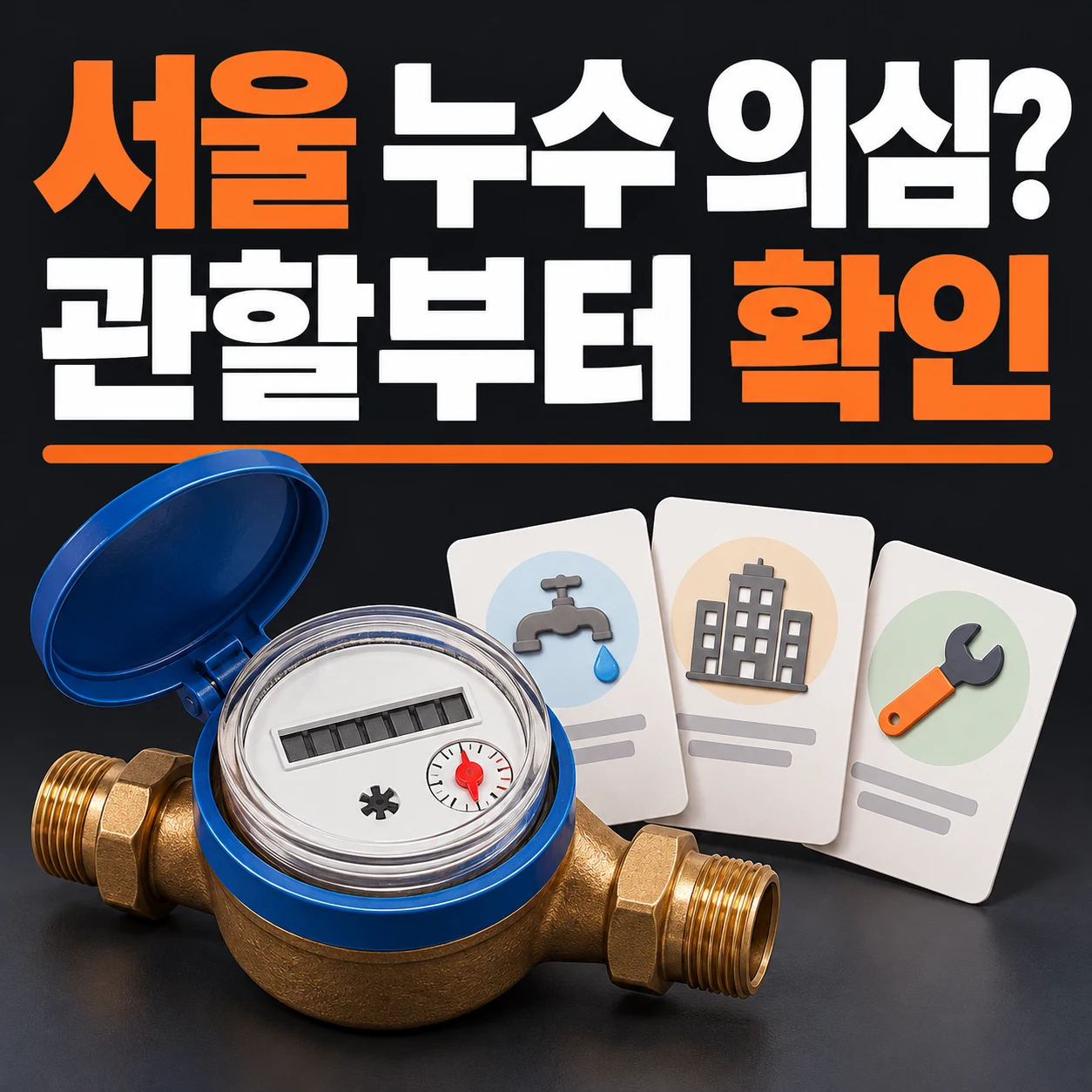 서울 누수 의심? 관할부터 확인. 계량기와 문의 유형 카드를 보여 주는 안내 그림