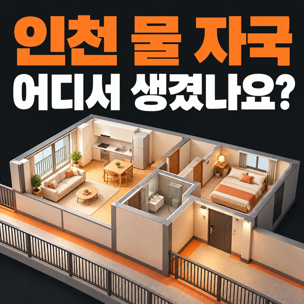 인천 물 자국, 어디서 생겼나요? 세대 안과 공용 통로의 위치를 구분한 공간 모형