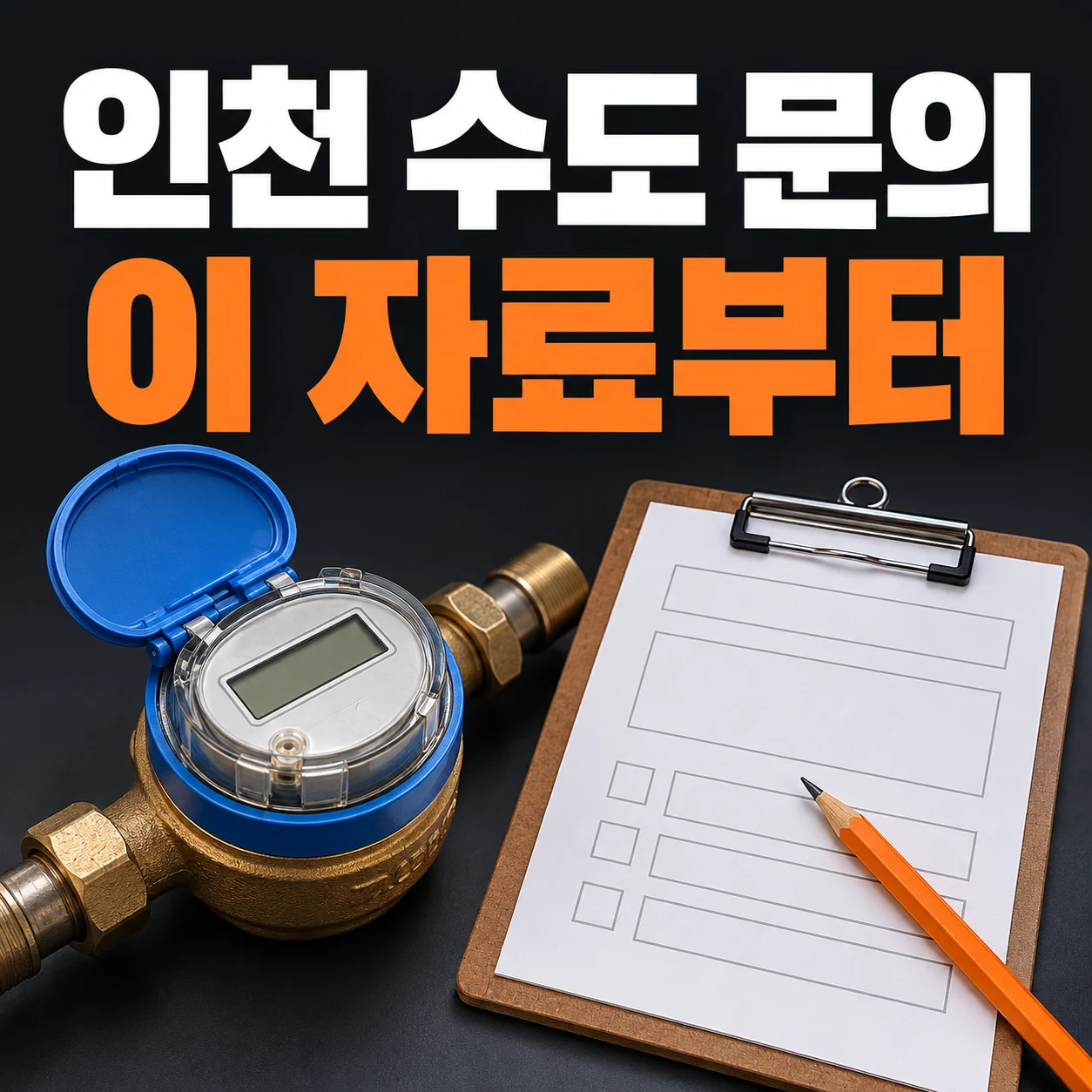 인천 수도 문의, 이 자료부터. 계량기와 문의 준비 목록을 보여 주는 안내 그림