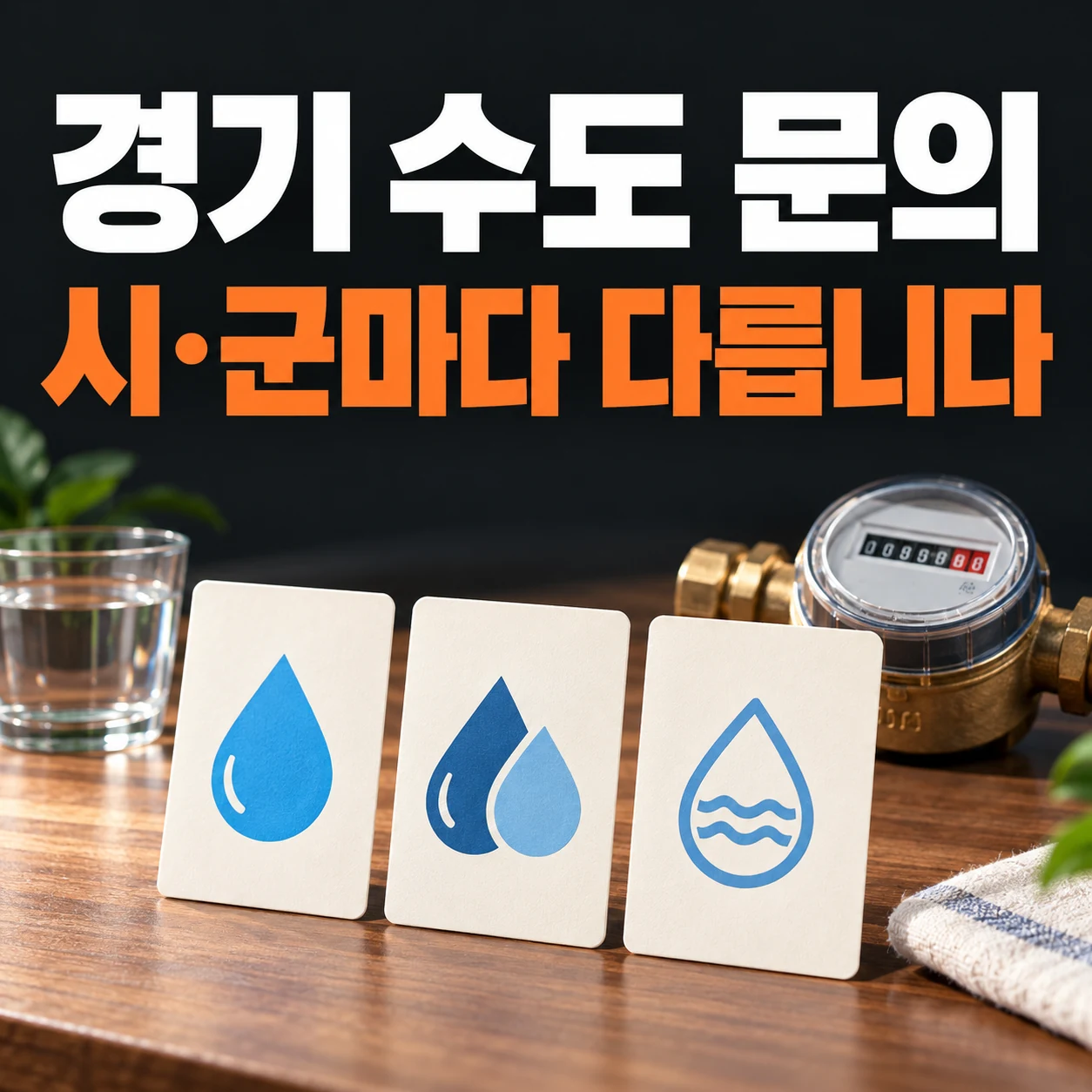 경기 수도 문의, 시·군마다 다릅니다. 서로 다른 문의 항목을 나타낸 세 카드와 계량기