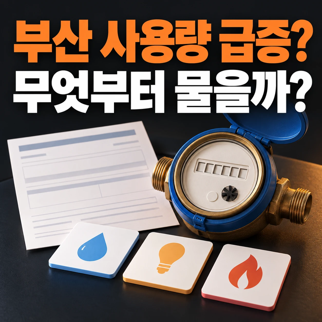 부산 사용량 급증? 무엇부터 물을까? 계량기와 고지서 모형, 문의 분류 카드