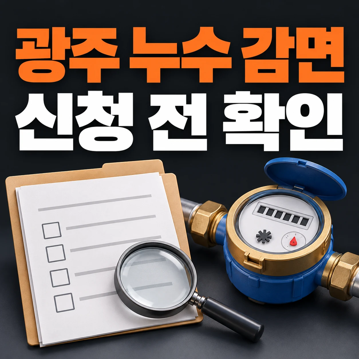 광주 누수 감면 신청 전 조건을 확인하는 계량기와 서류 안내 이미지