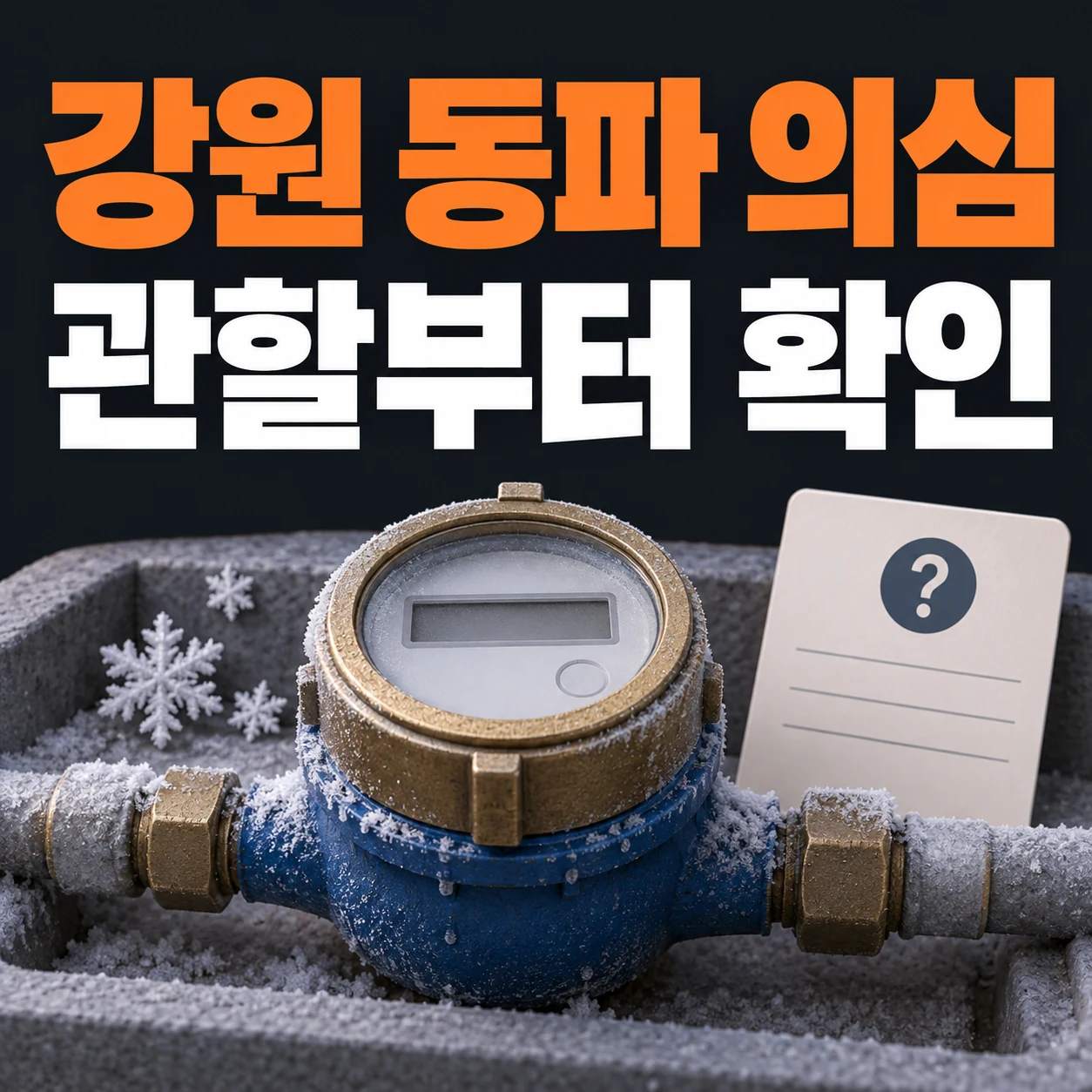 강원 수도 계량기 동파 의심 상황에서 관할 안내를 확인하는 이미지