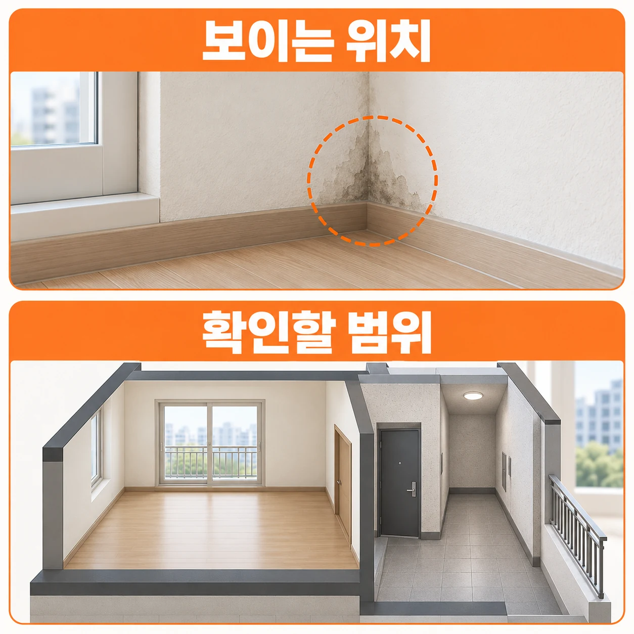 보이는 위치와 확인할 범위. 벽면의 물 자국과 세대 안·통로 공간을 나눈 설명 도해