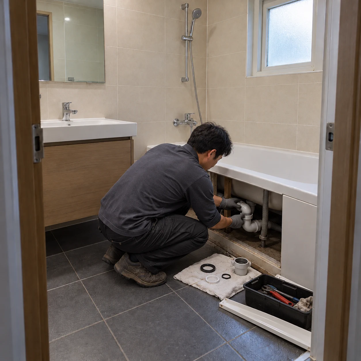 숙박업소 욕조 배수관 누수 · 보수 작업
