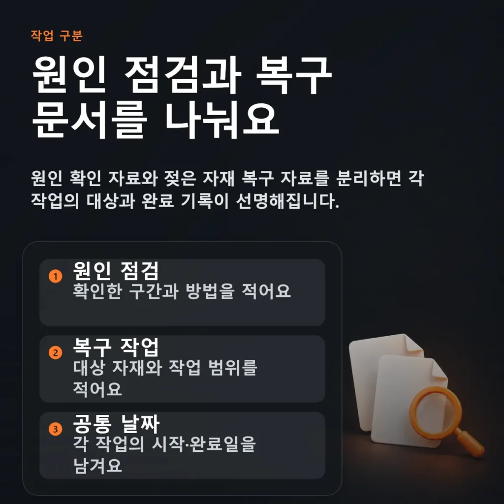 원인 점검 문서와 젖은 천장 복구 문서를 구분해 정리하는 안내 도해