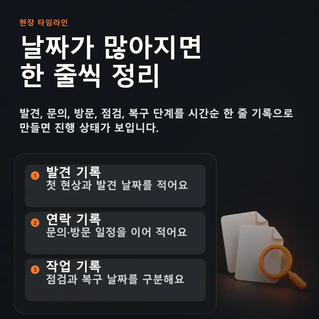 누수 피해 발견부터 자재 복구와 영수증 보관까지 시간순으로 정리하는 안내 도해