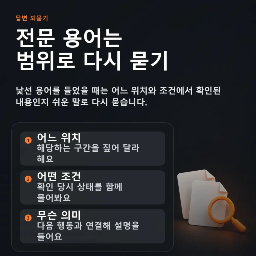 수선 의무 관련 설명을 위치와 사용 영향, 추가 질문으로 확인하는 안내 도해